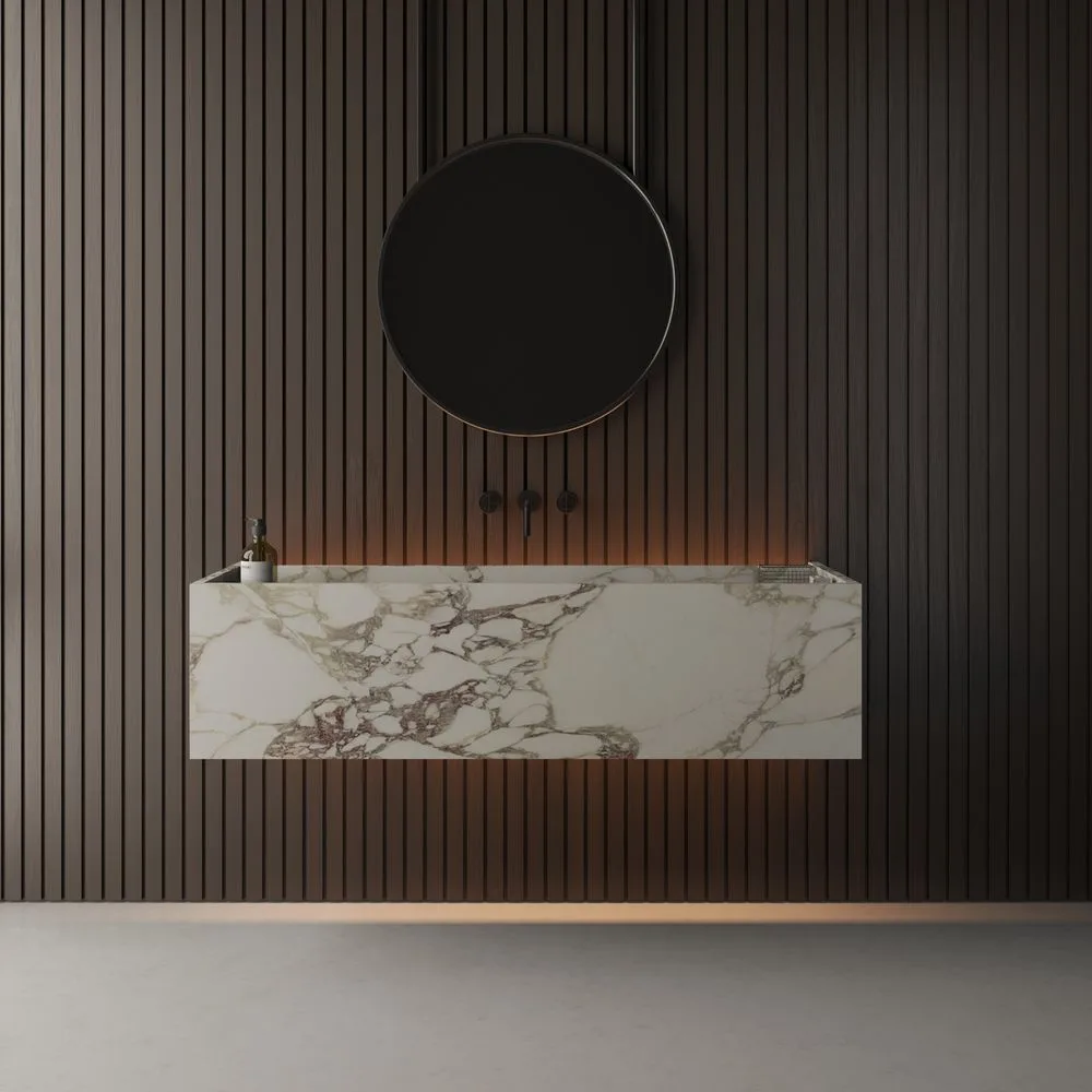 Умывальник подвесной Luxestone 144x50x37.5 см из керамогранита, с щелевым смывом и съемной ревизией (Stonesink_model_1_1) - Фото 2